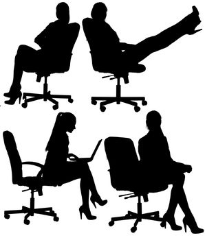 Business woman to sit in an office chair silhouette. Isolated white background