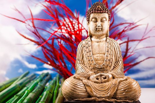 Buddha and blue sky background, vivid colors, natural tone
