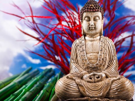 Buddha and blue sky background, vivid colors, natural tone