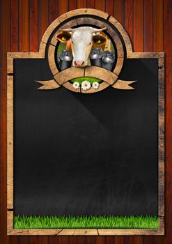 Empty blackboard with frame and symbol with head of cow, cans for the transport of milk, green grass and daisy flowers. Template for a dairy products