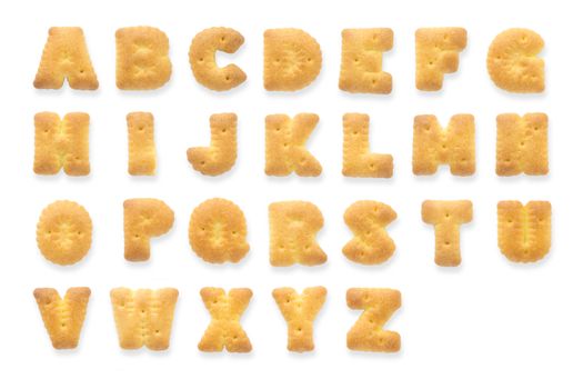 Collage of 26 isolated biscuit cookie letters. Complete set of English alphabet, Uppercase or capital text sign.