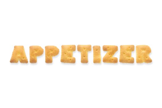 Collage of the uppercase letter-word APPETIZER. Alphabet cookie biscuits isolated on white background