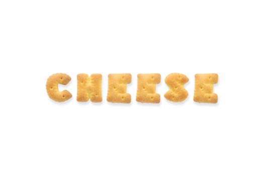 Collage of the capital letters word CHEESE. Alphabet cookie biscuits isolated on white background