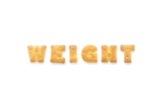 Collage of the uppercase letter-word WEIGHT. Alphabet cookie biscuits isolated on white background