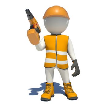 White man in special clothes with drill in hand. Isolated on white background
