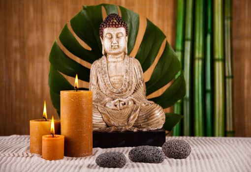 Zen buddha statue, vivid colors, natural tone