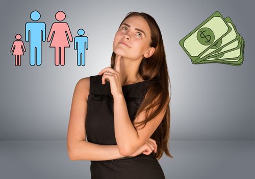 Beautiful business woman with money and family. Gray gradient background