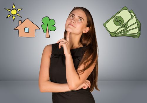 Beautiful business woman thinking over money and house with tree. Gray gradient background