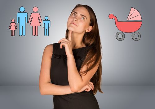 Business woman thinking over buggy and family. Gray gradient background