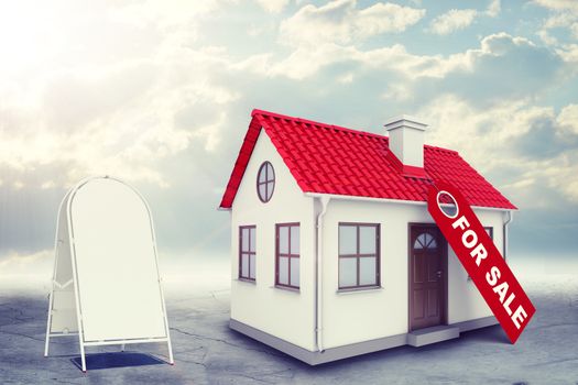 White house with label for sale, red roof, brown door and chimney. Near with house sidewalk sign. Near with house sidewalk sign. Background sun shines brightly on large clouds