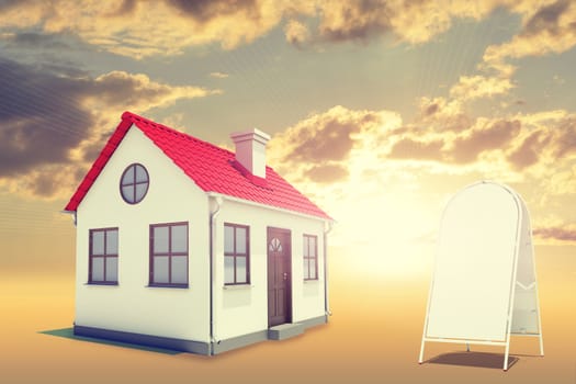 White house among clouds with red roof, brown door and chimney. Near with house sidewalk sign. Background sunset