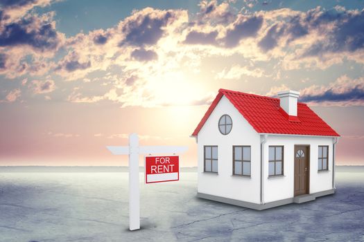 White house with red roof, brown door and chimney. Near there is signboard for rent. Background sun shines brightly on clouds