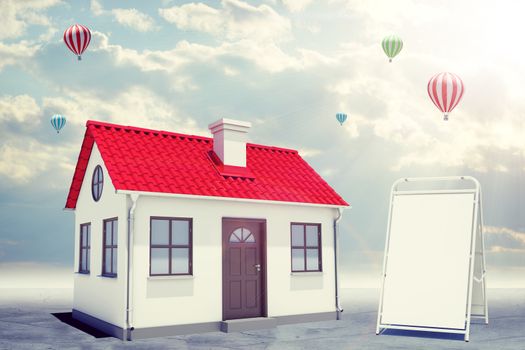 White house with red roof, brown door. Near with house sidewalk sign. Background sun shines brightly and flying hot air balloon. Blue sky