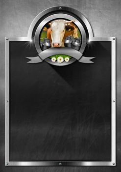 Empty blackboard with frame and symbol with head of cow, cans for the transport of milk, green grass and daisy flowers. Template for a dairy products
