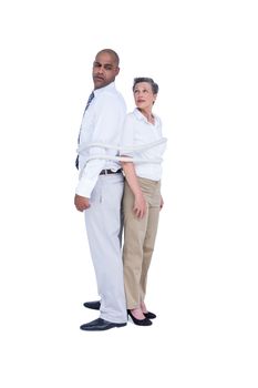 Business people standing back to back on white background