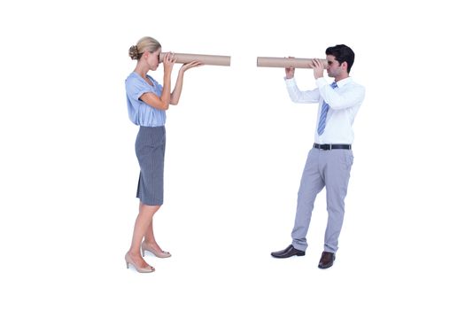 Business people looking at each other on white background