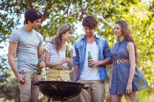 Happy friends in the park having barbecue on a sunny day