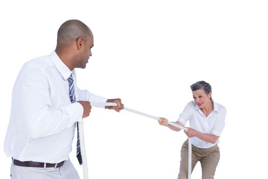 Business people pulling the rope on white background