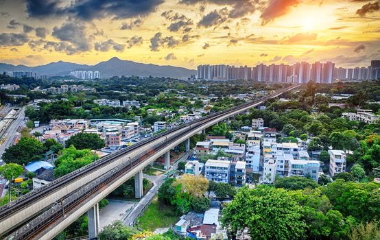 hong kong urban downtown and sunset speed train, Long Ping