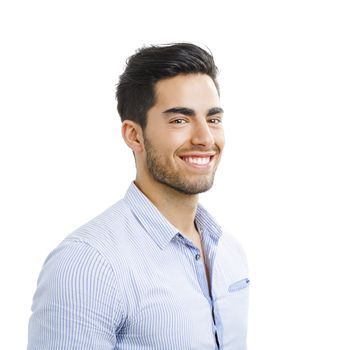 Portrait of happy handsome young man isolated on white background