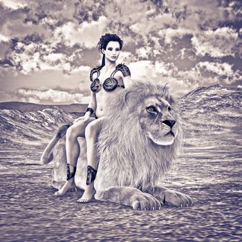 3D digital render of a beautiful young woman and a lion on a desert landscape background