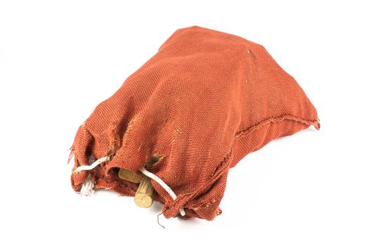 Red sack set against a white background