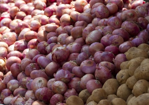 Fresh juicy vegetables on a counter in the market of India of Goa.