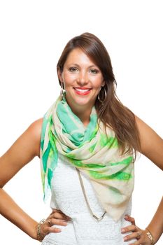 Close up Cheerful Pretty Young Woman in White Sleeveless Shirt with Scarf, Smiling at the Camera While Holding her Waist, Isolated on White Background.