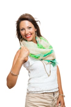 Close up Pretty Young Woman in Trendy Outfit, Showing her Arm Muscles While Holding Back Hair and Looking at the Camera. Isolated on White Background.