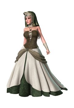 3D digital render of a beautiful witch wearing a medieval dress isolated on white background