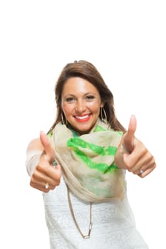 Close up Stylish Pretty Woman in Showing Two Thumbs up Signs at the Camera. Isolated on White Background.