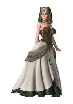 3D digital render of a beautiful witch wearing a medieval dress isolated on white background