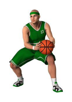 3D digital render of a basketball player with a ball isolated on white background