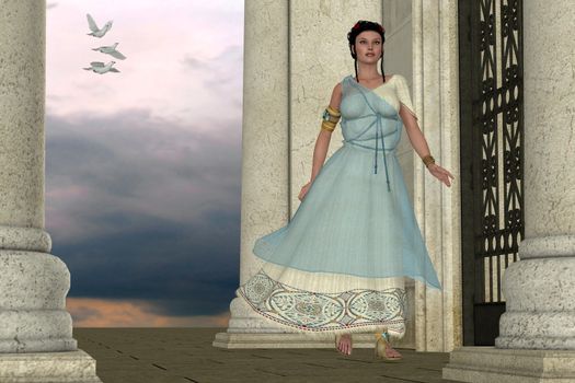 A Roman lady walks in the courtyard of a building as three white doves fly near her.