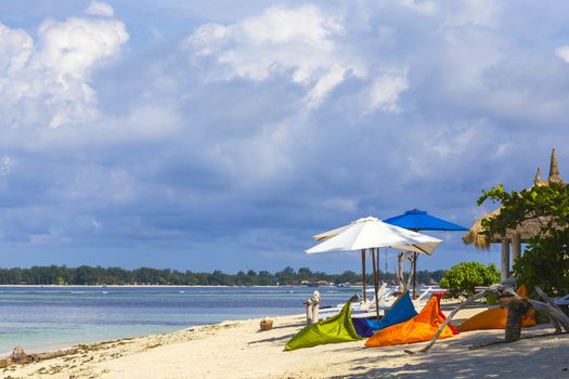 Tropical coastline of Gili island,Indonesia.White sand beach.