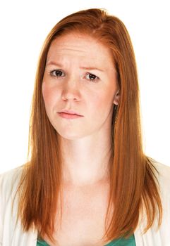Single red haired woman with confused expression
