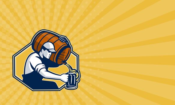 Business card showing illustration of a bartender worker with carrying beer barrel keg on shoulder pouring beer into glass mug.