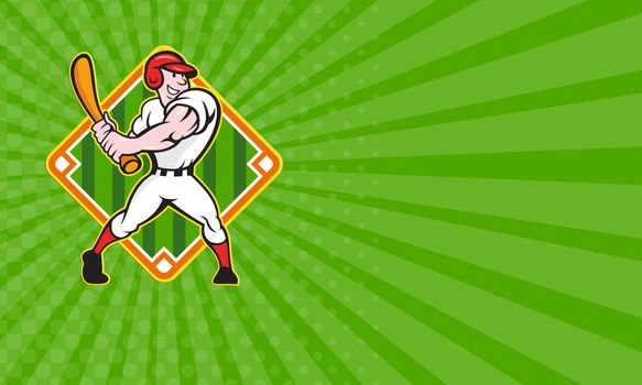 Business card showing cartoon illustration of a baseball player with bat batting facing front on isolated white background with diamond baseball field.
