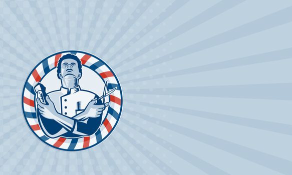 Business card showing illustration of an african american barber with arms crossed holding a hair clipper and a pair of scissors with circular barber's  pole on isolated white background.