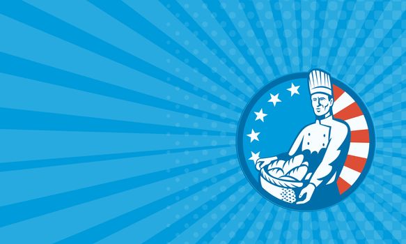 Business card showing illustration of an American chef baker cook holding a basket full of bread loaf with stars and stripes flag in background set inside circle done in retro style.