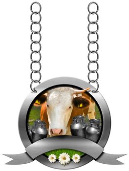 Dairy products sign with head of cow, cans for the transport of milk, green grass and three daisy flowers. Hanging from a metal chain and isolated on white