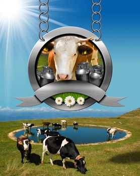 Dairy products sign with head of cow, cans of milk, green grass and daisy flowers. Hanging from a metal chain, on mountain landscape with grazing cows