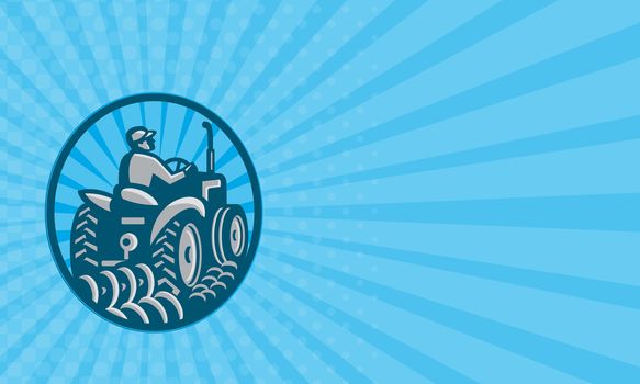 Business card showing illustration of a farmer plowing with vintage tractor viewed from the rear set inside oval done in retro style.