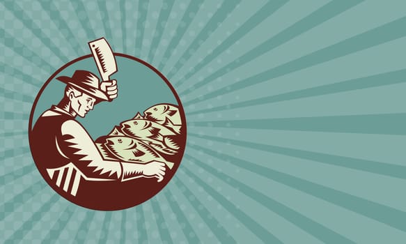 Business card showing illustration of a fishmonger butcher with meat cleaver knife chopping fish viewed from side set inside circle done in retro woodcut style.