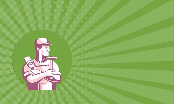 Business card showing illustration of a carpenter construction worker with paint brush and hammer looking to side done in retro style set inside circle.
