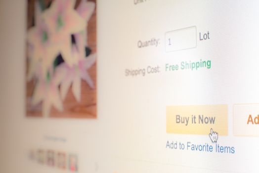 Mouse clicking "buy it now" button on flowers website while online shopping
