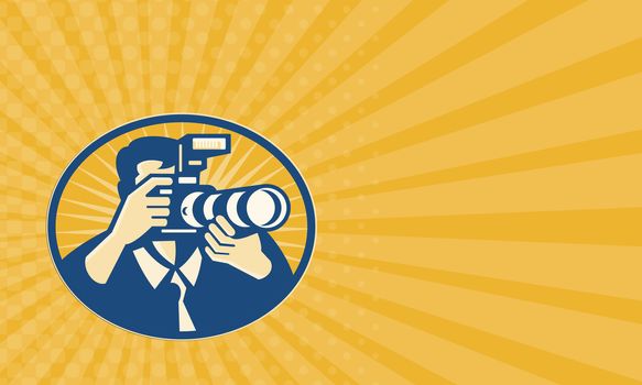 Business card showing illustration of a photographer shooting DSLR camera with flash and zoom lens set inside ellipse done in retro style.