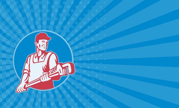 Business card showing Retro illustration of a plumber worker carrying a giant adjustable monkey wrench viewed from front set inside circle on isolated white background.