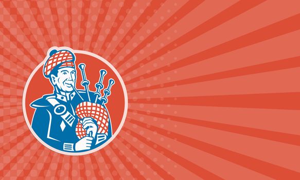 Business card showing illustration of a Scotsman Scottish bagpiper player with bagpipes set inside circle done in retro style.