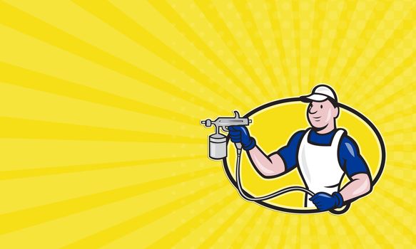 Business card showing illustration of spray painter with spray paint gun done in cartoon style with oval shape on isolated white background.